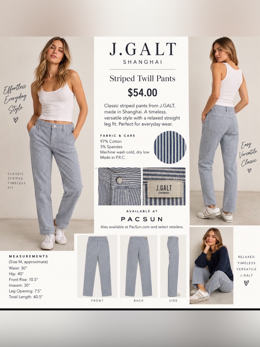 J.Galt Women’s Striped Twill Straight-Leg Pants - Blue/White, Size M